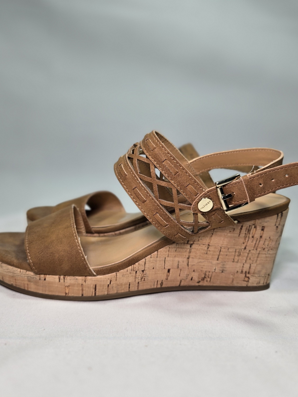 Tommy Hilfiger Cork Wedge Sandals Womens 7 Tan Open Toe Boho Festival